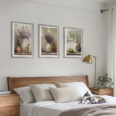Billedvæg inspiration Blomster i vaser med olivendekorationer