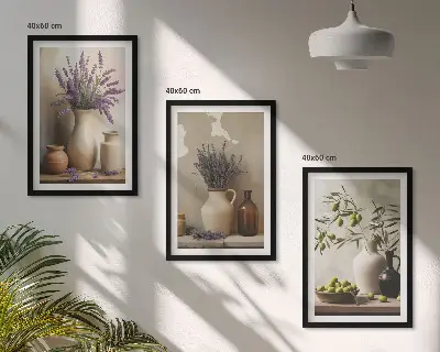 Billedvæg med blomster plakat med blomster i vaser og olivendekorationer