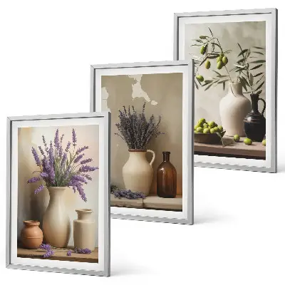 Billedvæg med blomster plakat med blomster i vaser og olivendekorationer
