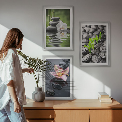 Triptykon billeder med ramme En rolig zen-komposition af blomster og vand