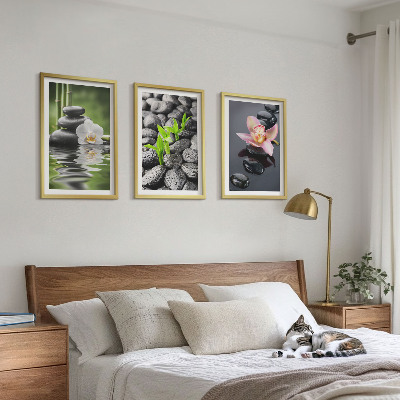 Triptykon billeder med ramme En rolig zen-komposition af blomster og vand