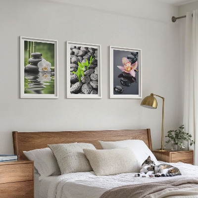 Triptykon billeder med ramme En rolig zen-komposition af blomster og vand