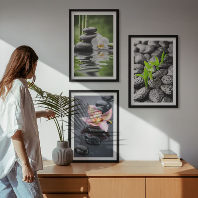 Triptykon billeder med ramme En rolig zen-komposition af blomster og vand