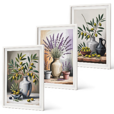 Billedvæg inspiration Olivenblomster i vaser i baggrunden