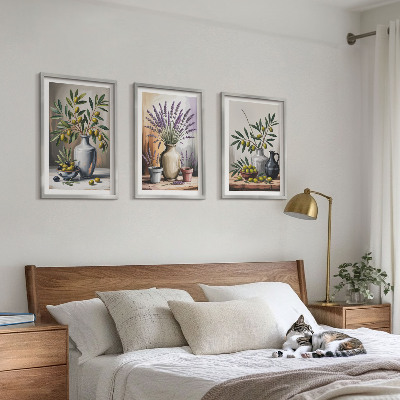 Billedvæg inspiration Olivenblomster i vaser i baggrunden