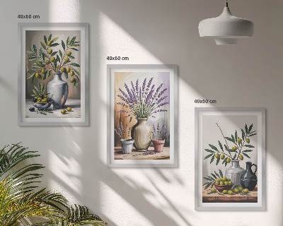 Billedvæg inspiration Olivenblomster i vaser i baggrunden