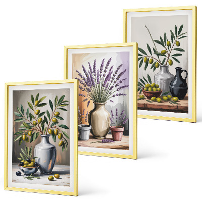 Billedvæg inspiration Olivenblomster i vaser i baggrunden
