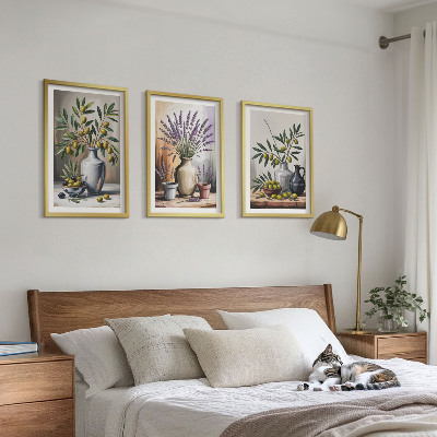 Billedvæg inspiration Olivenblomster i vaser i baggrunden