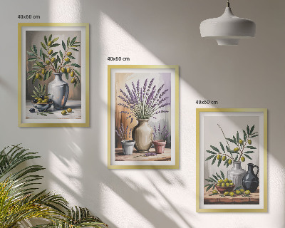 Billedvæg inspiration Olivenblomster i vaser i baggrunden