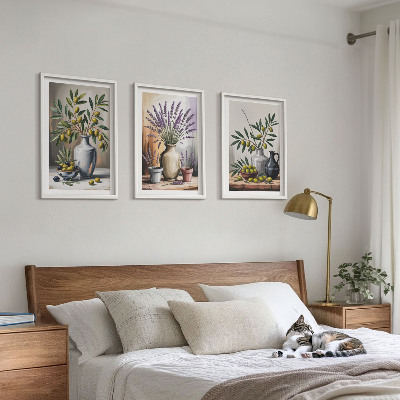 Billedvæg inspiration Olivenblomster i vaser i baggrunden