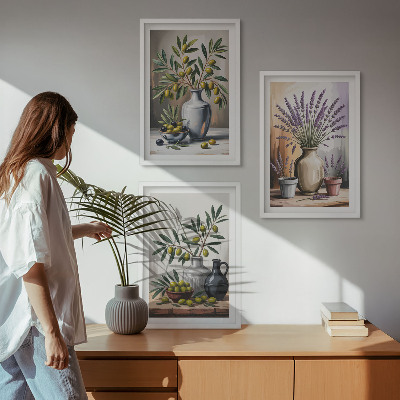 Billedvæg inspiration Olivenblomster i vaser i baggrunden