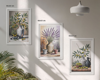 Billedvæg inspiration Olivenblomster i vaser i baggrunden