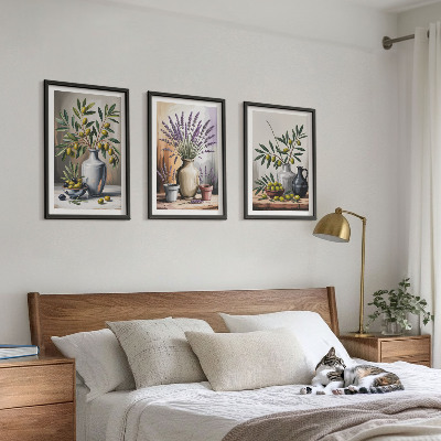 Billedvæg inspiration Olivenblomster i vaser i baggrunden