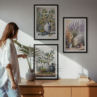 Billedvæg inspiration Olivenblomster i vaser i baggrunden