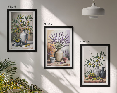 Billedvæg inspiration Olivenblomster i vaser i baggrunden