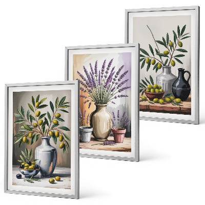 Billedvæg inspiration Olivenblomster i vaser i baggrunden