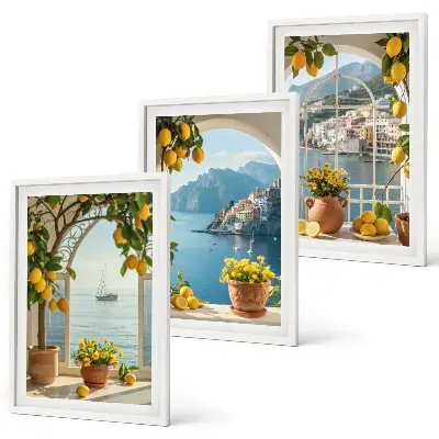 Billedvæg med hav, citroner og blomster