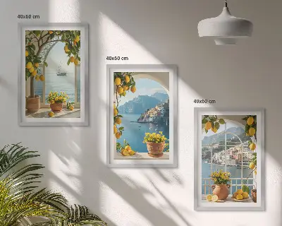 Billedvæg med hav, citroner og blomster