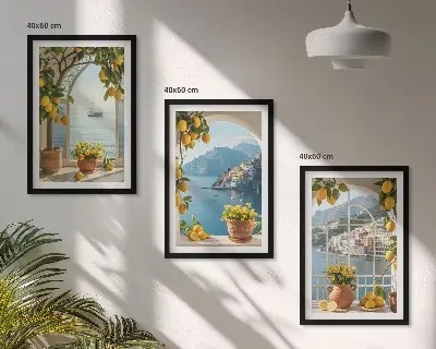 Billedvæg med hav, citroner og blomster