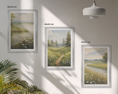 Triptykon billeder med ramme forårslandskab flodeng