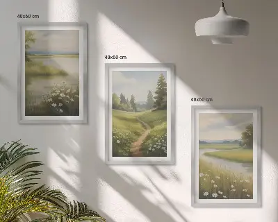Triptykon med forårslandskab ved flodeng indrammet billede