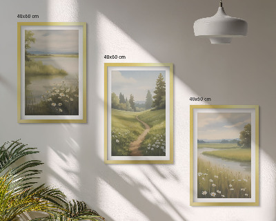 Triptykon billeder med ramme forårslandskab flodeng