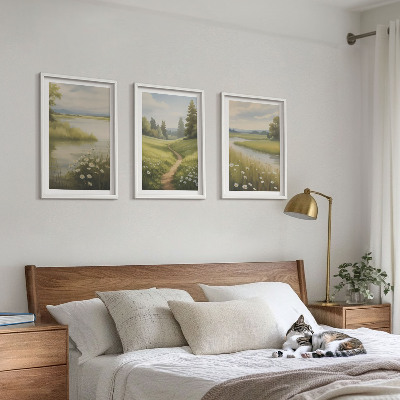Triptykon billeder med ramme forårslandskab flodeng