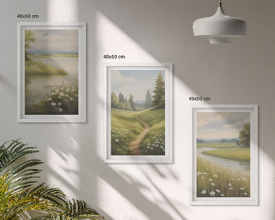 Triptykon billeder med ramme forårslandskab flodeng