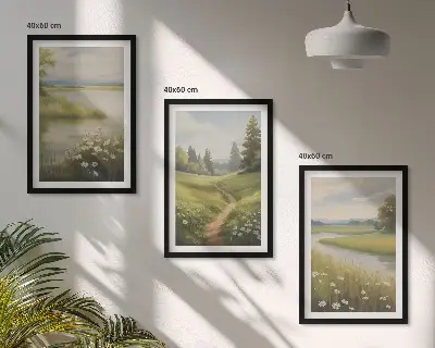 Triptykon med forårslandskab ved flodeng indrammet billede