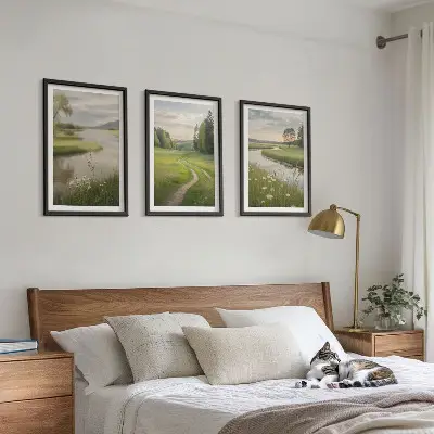 Billedsæt til soveværelset med sommerlandskab, flod og blomstereng