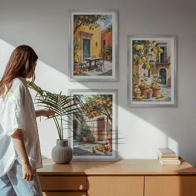 Billedsæt til soveværelset med motiv af citrusfrugter i haven