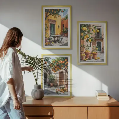 Billedsæt til soveværelset med motiv af citrusfrugter i haven