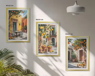 Billedsæt til soveværelset med motiv af citrusfrugter i haven