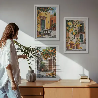 Billedsæt til soveværelset med motiv af citrusfrugter i haven