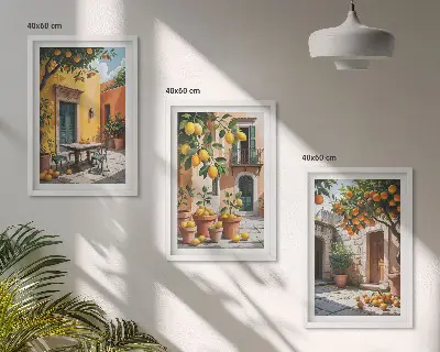 Billedsæt til soveværelset med motiv af citrusfrugter i haven
