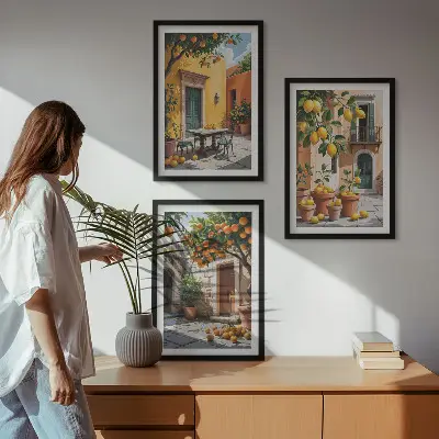 Billedsæt til soveværelset med motiv af citrusfrugter i haven