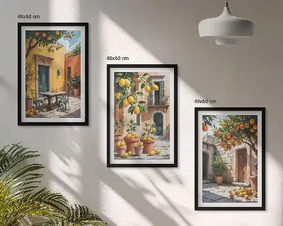 Billedsæt til soveværelset med motiv af citrusfrugter i haven