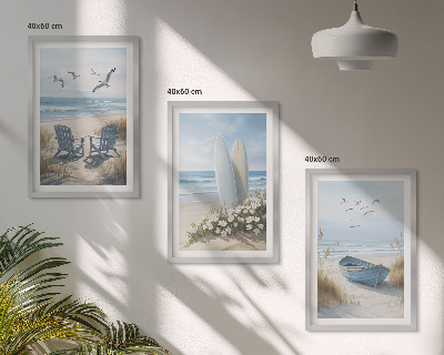 Triptykon billeder med ramme Strandsurfbrætter fugle