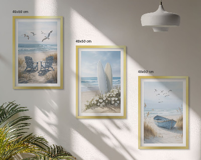 Triptykon billeder med ramme Strandsurfbrætter fugle