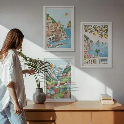 Triptyk billeder med ramme med motiver af landskaber, hav og citrusfrugter