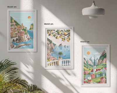 Triptykon billeder med ramme Landskaber, hav, citrusfrugter