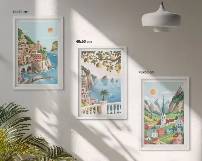 Triptyk billeder med ramme med motiver af landskaber, hav og citrusfrugter