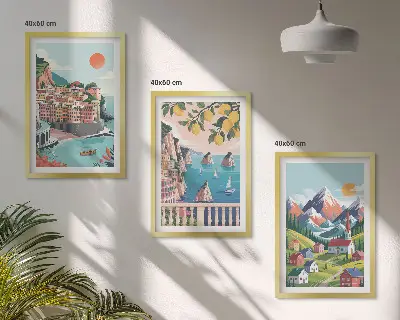 Billedvæg med farverige bjerge og byer inspiration til din indretning