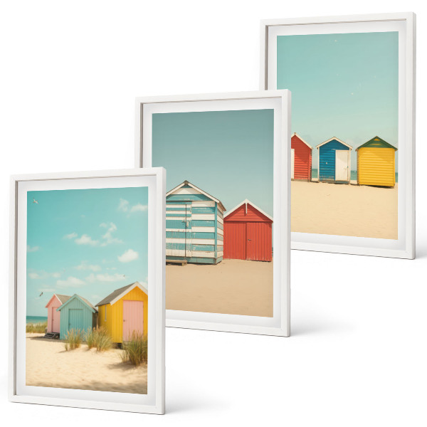 Triptykon billeder med ramme Farverige huse, strand, sol