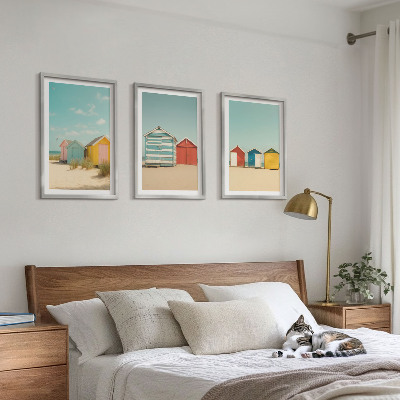 Triptykon billeder med ramme Farverige huse, strand, sol