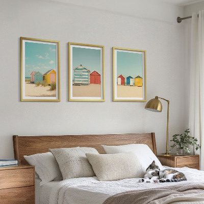 Triptykon billeder med ramme Farverige huse, strand, sol