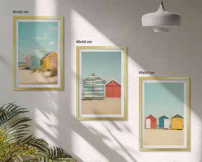 Triptykon billeder med ramme Farverige huse, strand, sol