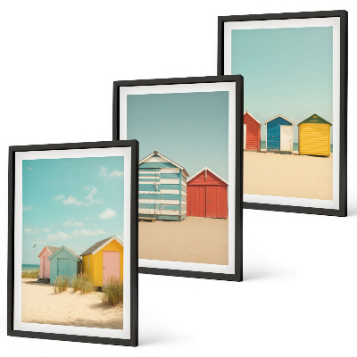 Triptykon billeder med ramme Farverige huse, strand, sol