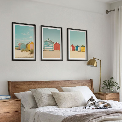 Triptykon billeder med ramme Farverige huse, strand, sol