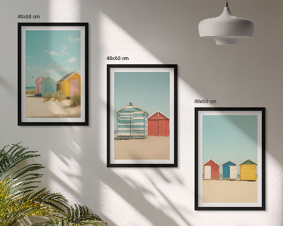 Triptykon billeder med ramme Farverige huse, strand, sol
